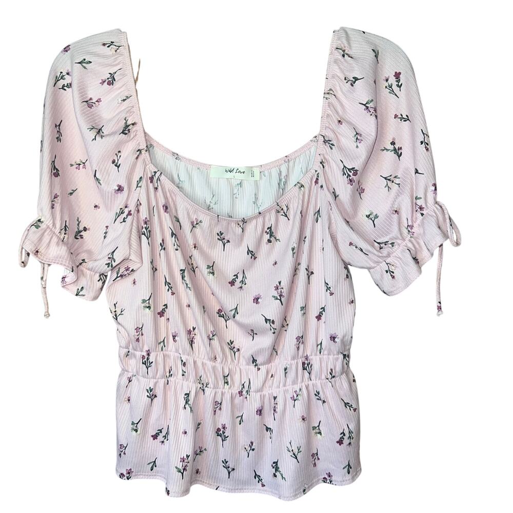 NWT Cottagecore Light Pink Floral Smocked Peplum Off Shoulder Blouse Size Large
